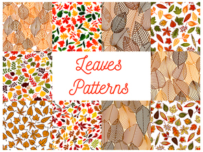 Autumn fallen leaves seamless patterns set with autumnal foliage and branches of forest trees, acorn, rowanberry fruit. Autumn season theme, scrapbook page backdrop design