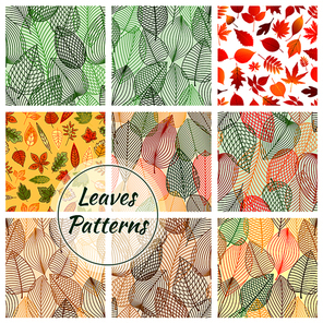 Leaves seamless patterns. Set of vector pattern with leaf icons of oak, rowan, elm, maple. Stylized line grid of plant leaf for decorative background