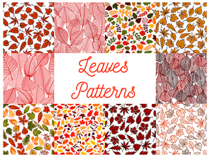Autumn leaves seamless patterns set with fruits and seeds. Red, orange and yellow autumnal fallen leaves, acorns, rowanberry fruits and dry herbs on white background