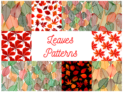Autumn fallen leaves seamless patterns set with orange and red autumnal foliage of maple, oak, chestnut, birch and rowanberry trees