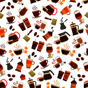 Coffee seamless pattern. Vector patterns of coffee cup, coffee maker, vintage coffee mill, retro coffee grinder, coffee beans, pitcher, sugar, chocolate, muffin, cezve. Cafeteria and cafe decoration background