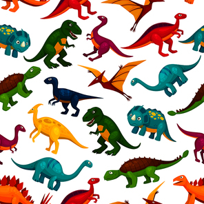 Cartoon toy dinosaurs children seamless pattern. Vector colorful and cute icons of t-rex, tyrannosaurus, pterosaur, pterodactyl toy characters. Decoration design element for kindergarten, kids
