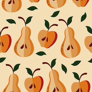 funny summer seamless pattern on light . bright colorful juicy apples and pears. vector illustration