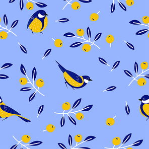 Seamless pattern with birds, flowers, leaves and berries. Birds titmice on a blue background. Vector illustration.