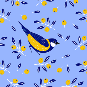 Seamless pattern with birds, flowers, leaves and berries. Birds titmice on a blue background. Vector illustration.