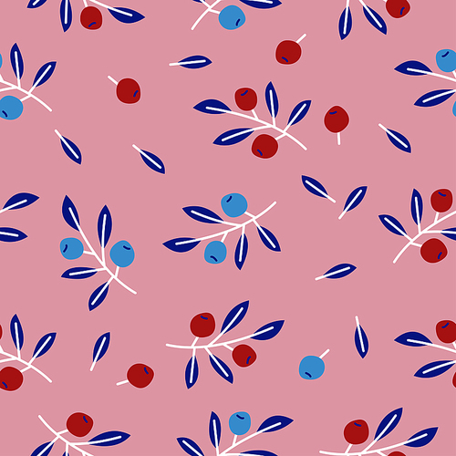Cute floral seamless pattern with branches and berries. On a pink background. For printing on paper, textiles. Vector illustration.
