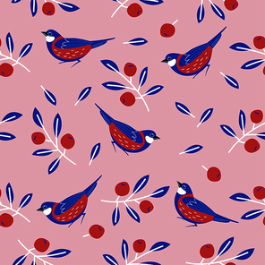 Seamless pattern with birds, flowers, leaves and berries. Birds titmice on a pink background. Vector illustration.