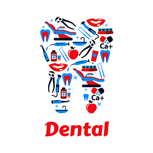 Dentistry and dental care icon with silhouette of tooth, composed of dentist tools, toothbrushes and toothpastes, braces, syringes and medicine bottles, healthy teeth, smiles and apples. Flat style