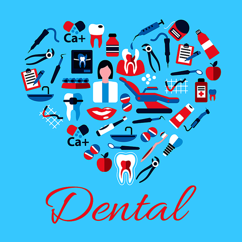 Dentist with tools and equipments symbols arranged into a shape of a heart with flat icons of healthy and carious teeth, pills and syringes, toothbrushes and toothpastes, implant, braces and floss, clipboards, vitamins and apples