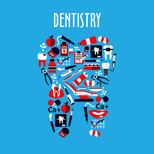 Healthy tooth made up of dentistry and oral hygiene flat symbols with toothbrushes and toothpastes, carious teeth, braces and implants, dentist instruments and equipments, dental floss and mouthwashes, x-ray, clipboards, vitamins and apples