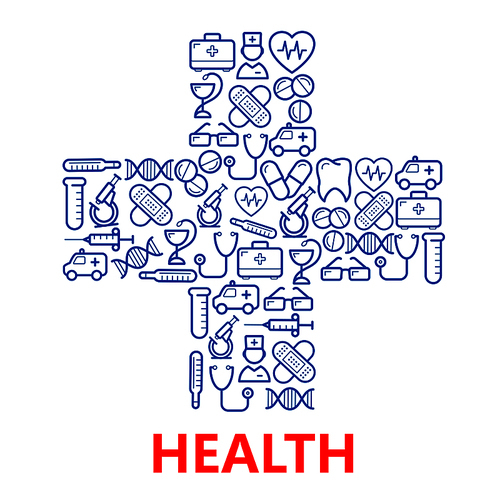 Blue medical hospital cross symbol with outlined icons of doctors and ambulances, pills and stethoscopes, microscopes, test tubes, hearts, tooth and DNA, first aid kits and syringe, glasses, plasters and thermometers