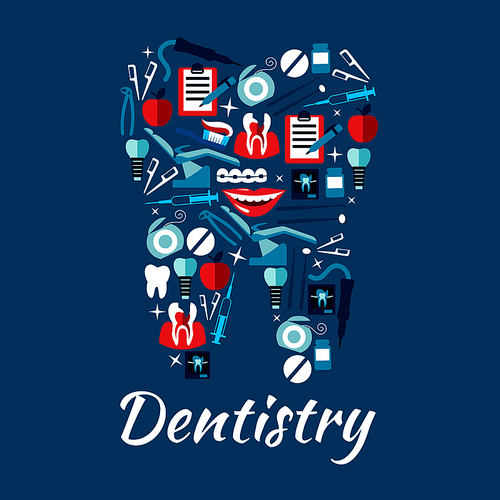 Dental care and dentistry flat icons in a shape of a tooth with dentist chairs and instruments, toothbrushes and floss, decayed teeth and implants, braces and dental x rays, clipboards with checkup forms and healthy smiles with apples
