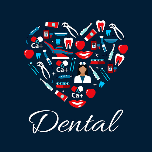 Dental treatments and oral hygiene concept sign with heart symbol consist of dentist with tools and equipments, teeth and braces, syringes and calcium, toothbrushes, toothpastes and mouthwashes flat icons