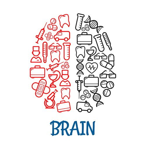 Medical icons shaped as human brain for healthcare symbol design with red and gray sketches of pills, syringes, first aid kits and thermometers, doctors, ambulances, hearts and teeth, test tubes, DNA, glasses and plasters