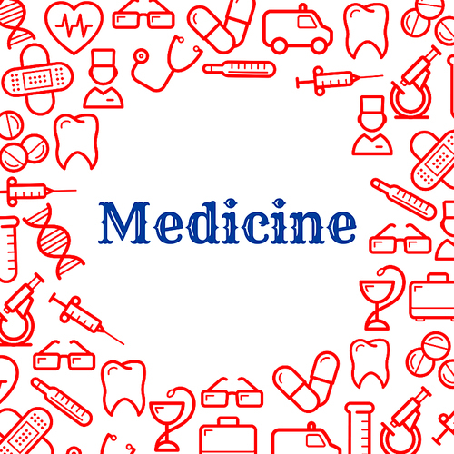 Medical and healthcare equipment icons in form of heart. Nurse or medic, sticking plaster or adhesive bandage, tooth and thermometer, pill or tablet as capsule, stethoscope and first aid kit, snake twined around cup and DNA, ambulance and glasses