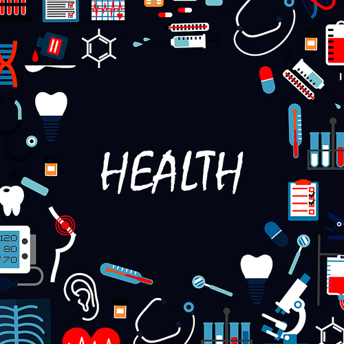 Annual medical check up background with flat symbols of stethoscopes, thermometers, microscope and syringes, medicines, pills, blood bags and test tubes, hearts, teeth, hearing and breast cancer tests, dentist tools, tooth implants and x ray scan