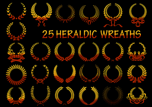 Golden laurel wreaths heraldic elements for victory theme or heraldry design usage with frames, composed of wheat ears and branches of laurel, maple and oak trees, decorated by ribbons