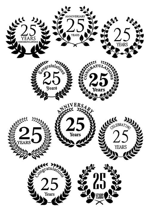 Anniversary heraldic laurel wreaths black symbols with captions Congratulations and 25 years, Celebrating and Anniversary. Greeting card or jubilee invitation and heraldic design usage