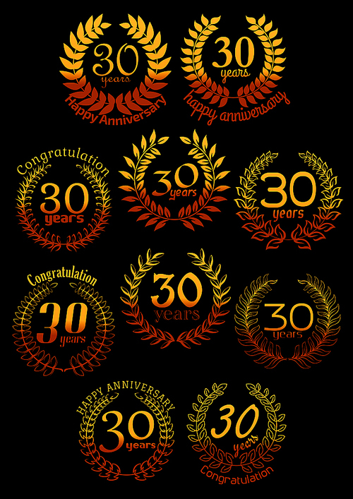 Anniversary golden wreaths with shining laurel branches, arranged into a circle frame with text 30 Years, congratulations and anniversary. Greeting card, event and invitation, celebration design