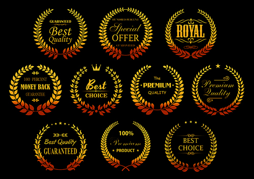 Premium quality guarantee golden laurel wreaths symbols with circle badges, composed from gold branches with stars, crowns and vignettes decorative elements. Retail, sale, promotion design usage
