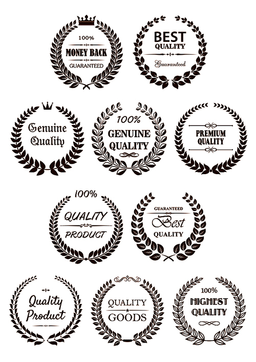 Retro laurel wreaths brown badges for retail promotion design with premium quality guaranteed captions, adorned by crowns, stars and vignette decorative elements