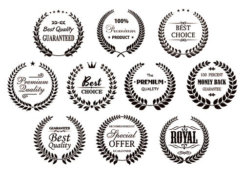 Premium quality guarantee laurel wreaths icons with brown branches, arranged into circle frames with text Best Choice and Special Offer, Premium Product and Money Back Guarantee, adorned by stars, crowns and vintage text dividers