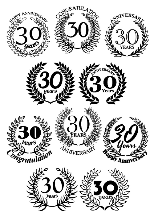 Anniversary heraldic frames retro symbols with black laurel wreaths for 30th birthday celebration, greeting card or awarding design usage
