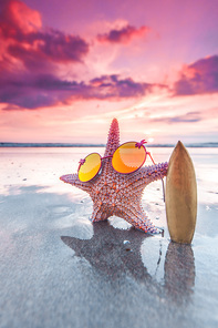 Starfish surfer on the beach and beautiful sunset on Bali