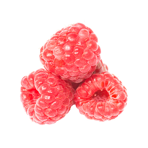 Pile of red ripe raspberries isolated on white