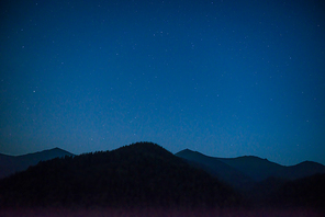 Silhouette of mountain range under dark blue night sky with many bright stars