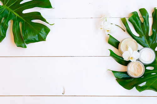 Coconut oil and cosmetics with green tropical green leaves on white wooden background