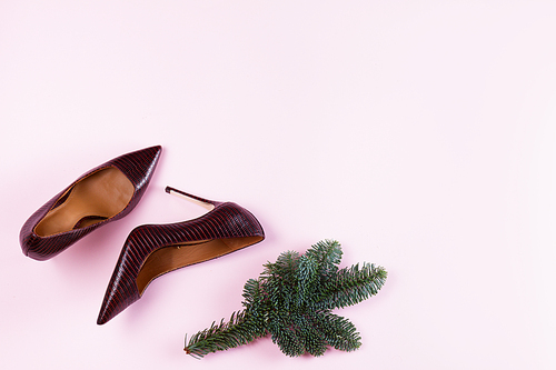 Hight heel shoes and evergreen tree twig, dressing up for Christmas party