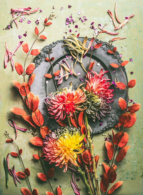 Autumn flowers and leaves flat lay composing, top view. Fall floral still life with plate and chrysanthemums and red branches.