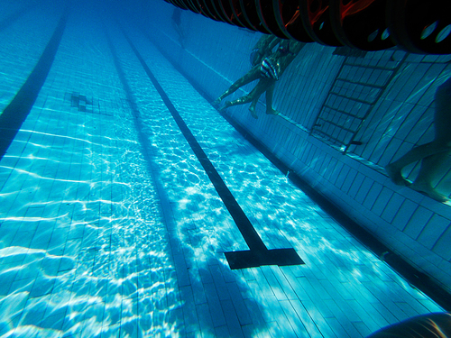 Unrecognizable girls hanging on pools lanes near polside, a lot of copyspace