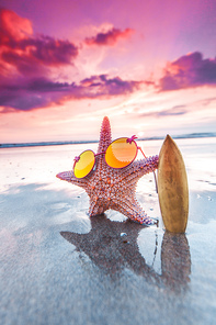 Starfish surfer on the beach and beautiful sunset on Bali