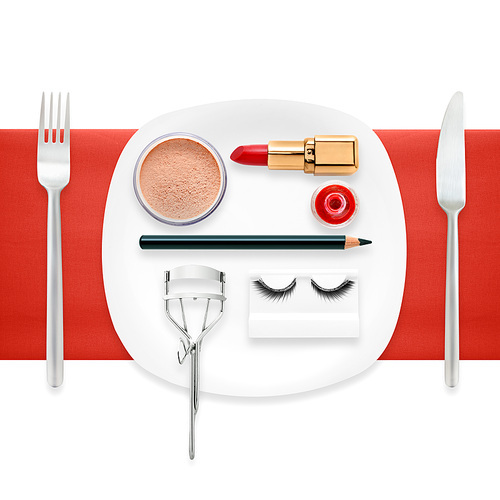 A fashion concept of makeup accessories on a plate as a cosmetics food.