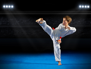 Little boy martial arts fighter in sports hall