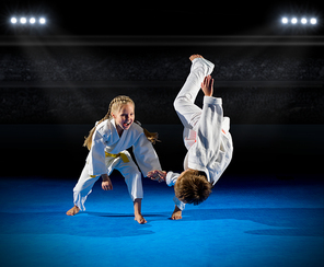 Children martial arts fighters in sports hall