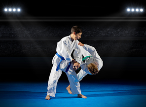 Children martial arts fighters in sports hall