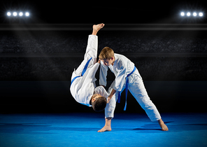 Children martial arts fighters in sports hall