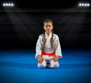 Girl martial arts fighter in sports hall