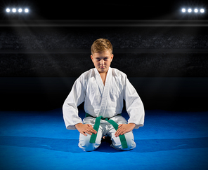 Boy martial arts fighter in sports hall