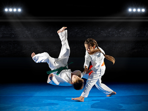 Little children martial arts fighters at sports hall