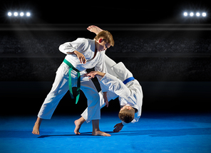 Boys martial arts fighters in sports hall