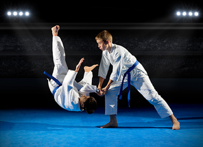 Boys martial arts fighters in sports hall