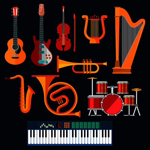 Musical instruments icons with flat symbols of drum set, acoustic and electric guitars, violin, synthesizer, saxophone, trumpet, harp, ancient lyre and horn. Art, culture, musical entertainment concept