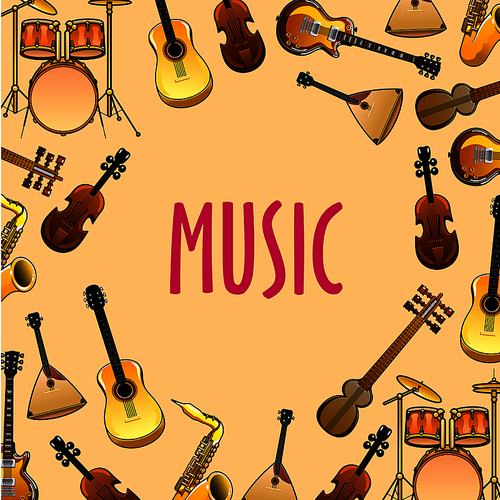 Musical instruments cartoon background for classic or ethnic music concert and entertainment event design with drum sets, acoustic and electric guitars, violins and saxophones, balalaikas and sitars