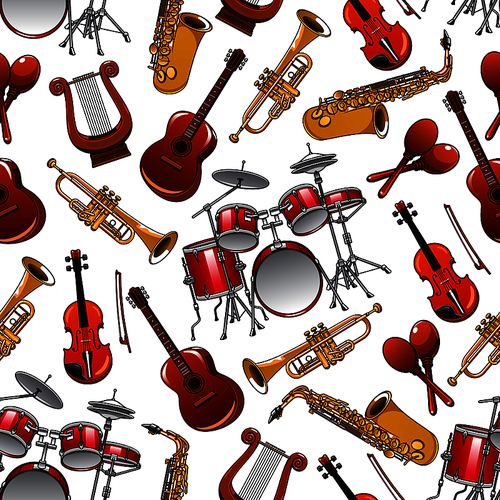 Cartoon shining brass trumpets and saxophones, orchestra drum sets, violins and guitars, vintage greek lyres and mexican maracas seamless pattern on white background. Arts and musical event design