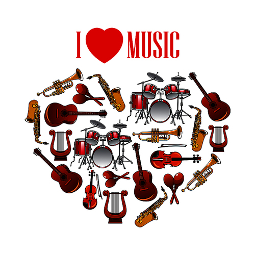 Classic musical instruments shaped in a heart symbol for I Love Music concept design with cartoon icons of trumpets and saxophones, drums, acoustic guitars and violins, maracas and vintage greek lyres