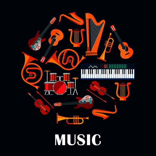 Music instruments or sound equipment. Electric and acoustic guitars, drum kit or trap set and violin, saxophone and lyre, synthesizer and trumpet. Brass, string, woodwind, percussion